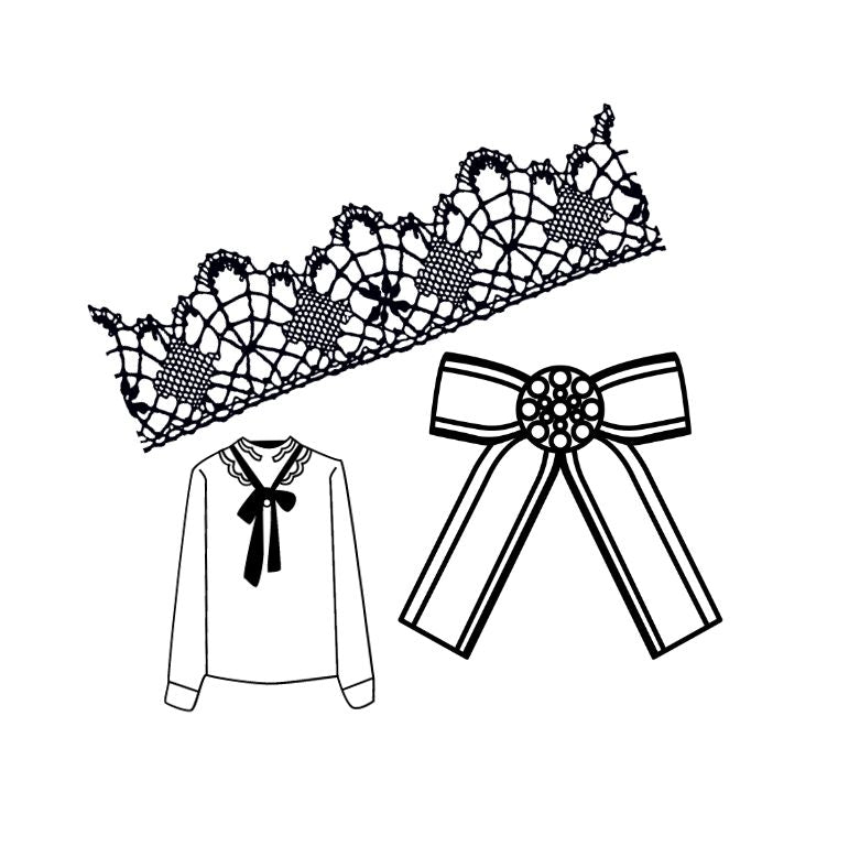 Illustration d’une dentelle noire, d’un chemisier à nœud et d’un ruban décoratif couture.