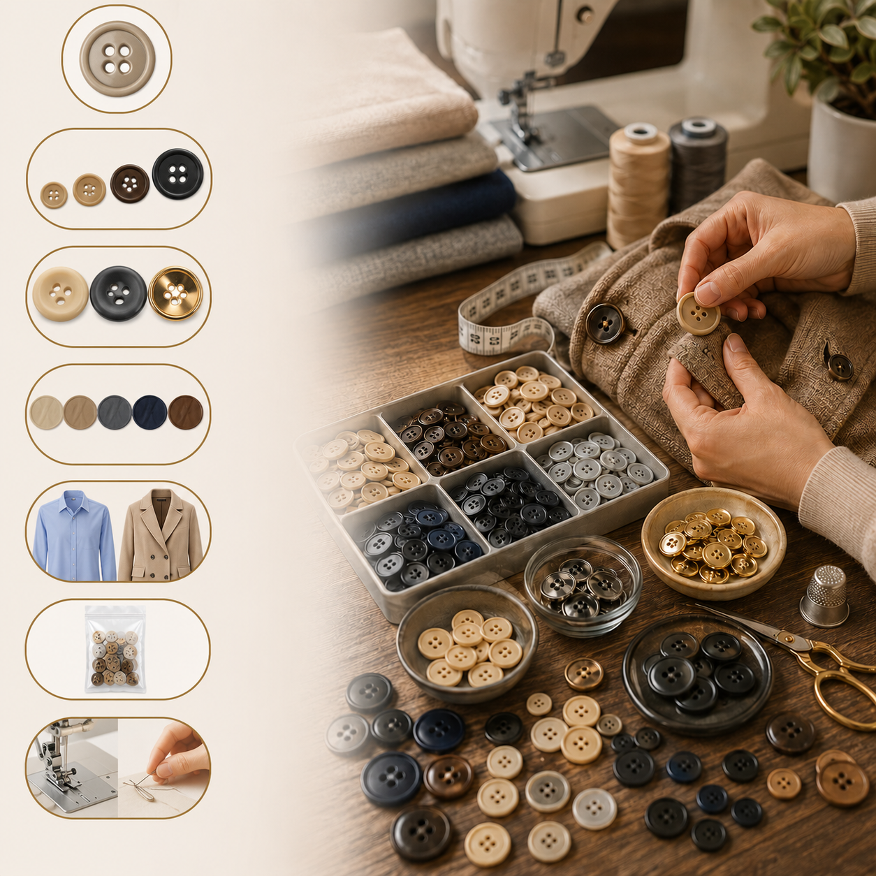 Illustration de boutons de couture noirs et blancs, accessoires pour couture et loisirs créatifs