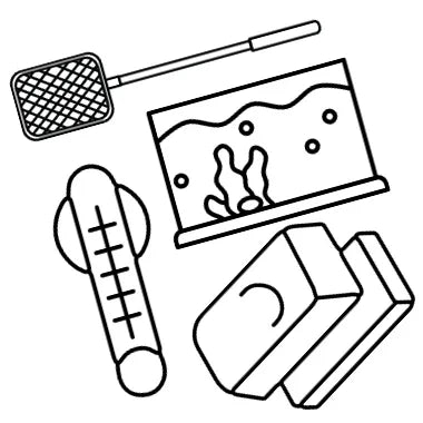 Illustration d'accessoires d'aquarium dont un filet, thermomètre, aimants et aquarium