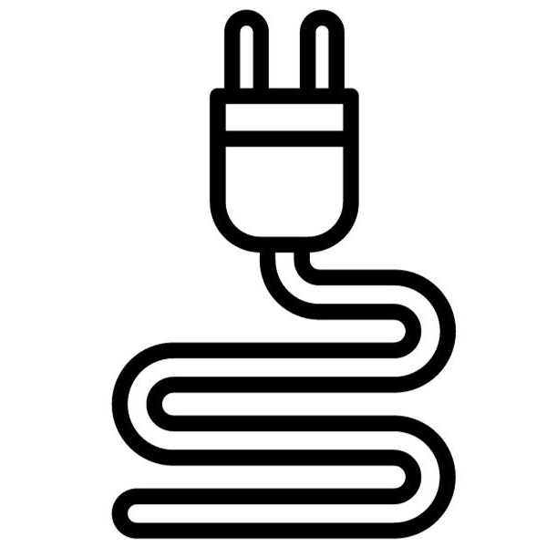 Icône de gestion de câbles électriques en noir sur fond blanc, organisation accessoires