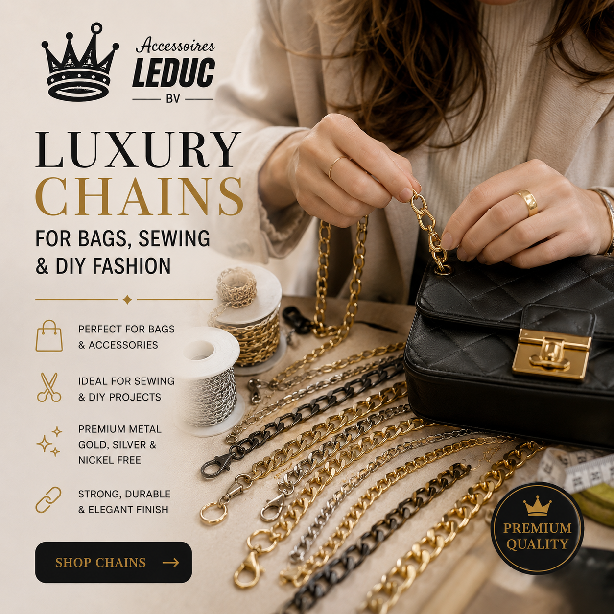 Chaîne noire décorative pour couture, accessoires créatifs et projets d'artisanat.