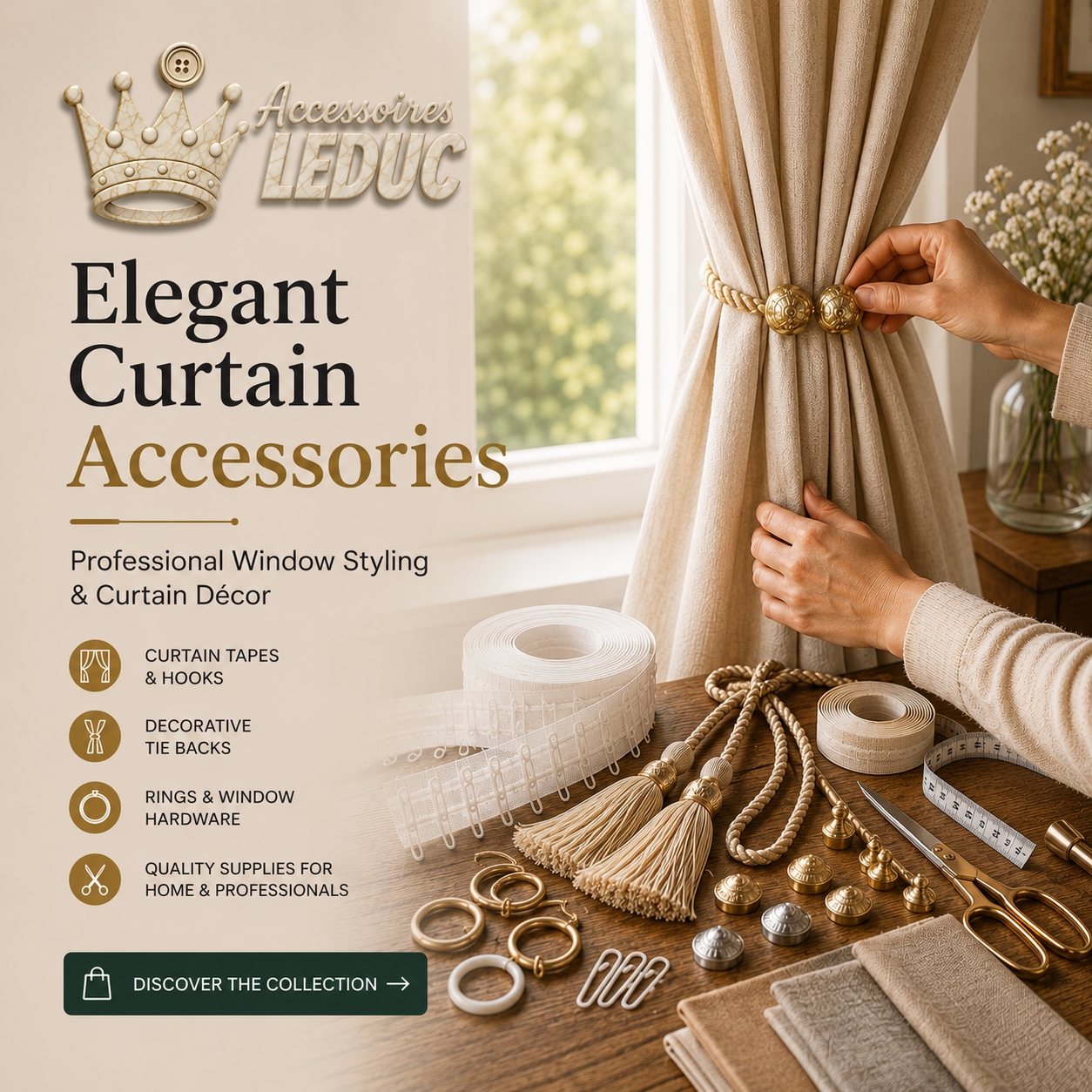 Illustration d’accessoires pour rideaux : embrasses, cantonnière et tringle sur une fenêtre.