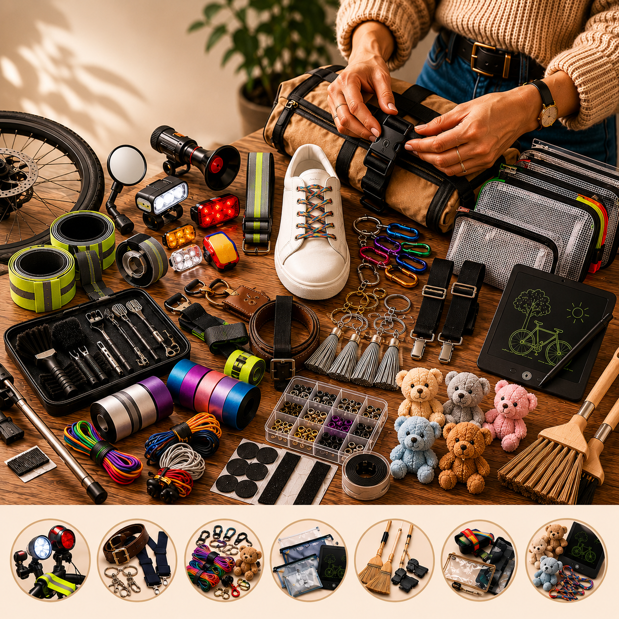 Illustration d’accessoires mode : ceinture, bretelles, sous-vêtement, porte-clés.