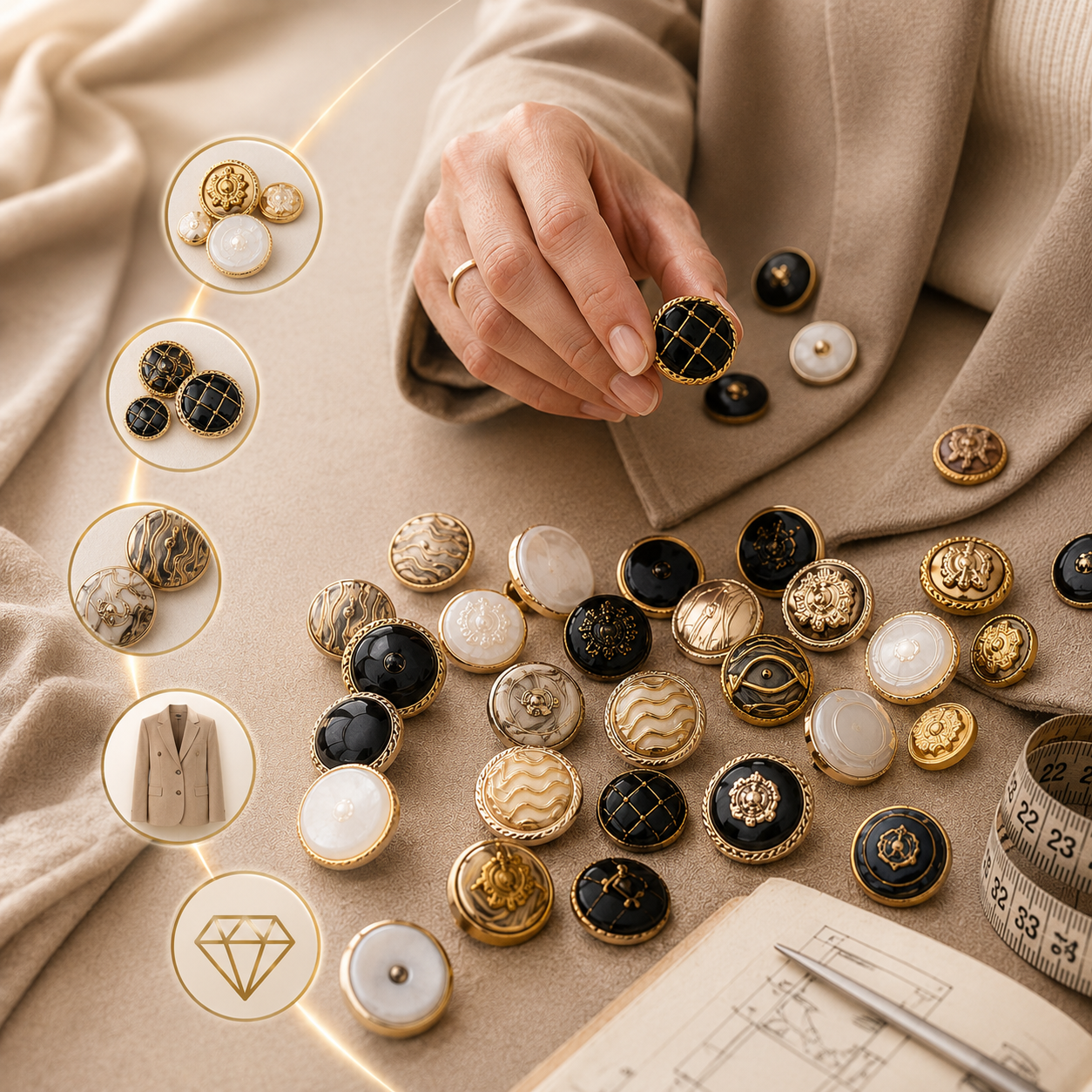 Illustration de plusieurs boutons de couture noirs et blancs sur fond blanc.