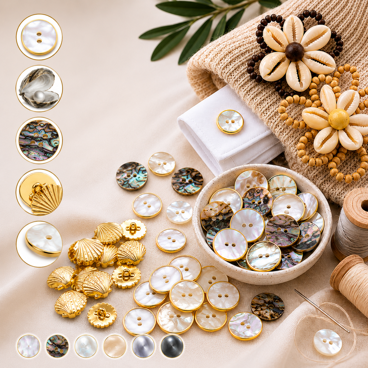 Illustration de boutons de couture ronds noirs et blancs sur fond blanc, fournitures couture.