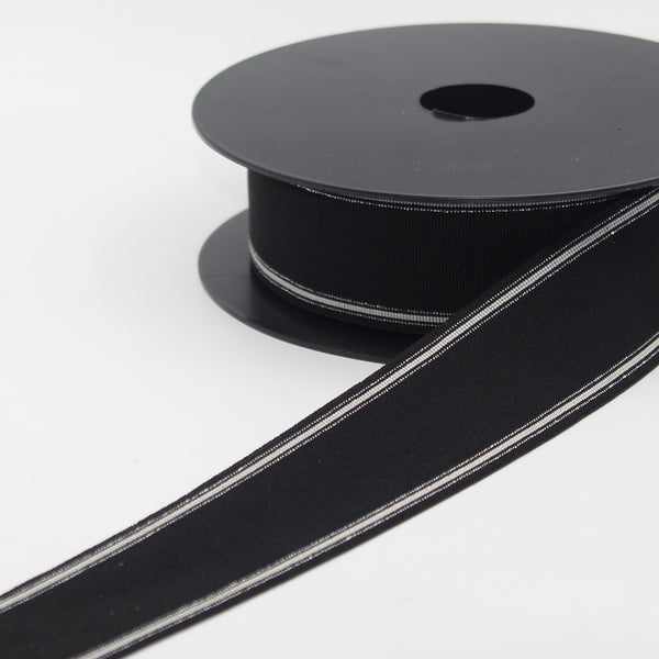 Gros Grain élastique fin noir, 5 mètres, 40mm, rayé avec de fines lignes Lurex, #ELA3614