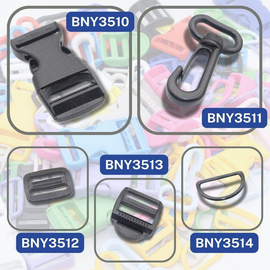 Set of 5 Coloured Nylon Nuckles (1 Lobster + 2 sliding buckles + 1 D ring + 1 Clipsable buckle) - 20mm/25mm
