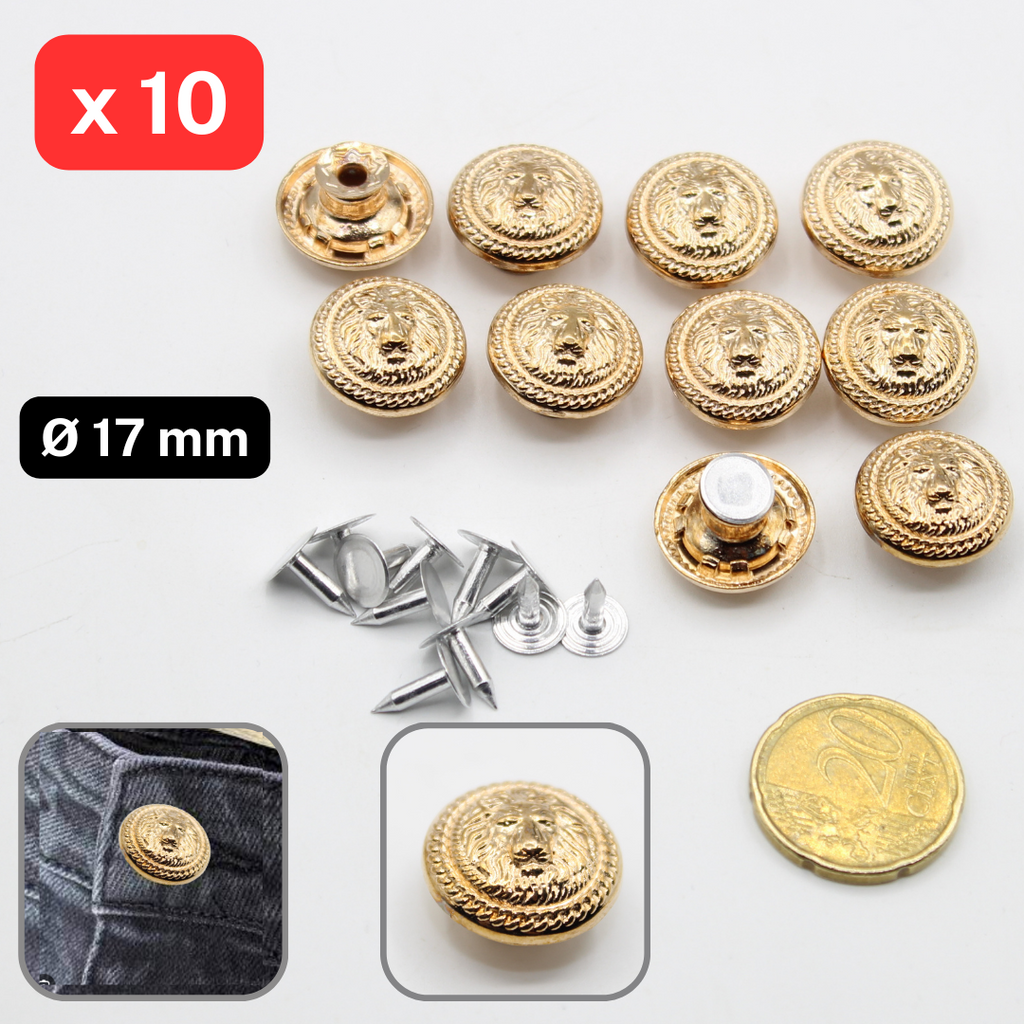 10 Stück goldene Jeansknöpfe mit Löwenmotiv, Größe 17 mm + Nagel #KJE1502/17 mm