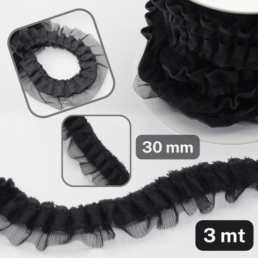 Black Cotton & Tulle Plissé 30mm - 3 meters - Made in Italy - ACCESSOIRES LEDUC BV