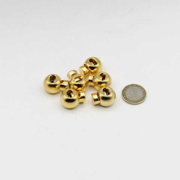 6 Gold Round Cord Stoppers in metallic nylon, quick closing, cord laces etc.