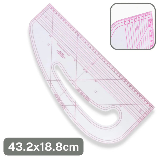 Règle de couture incurvée 43,2x18,8cm transparente avec repères roses pour patrons, ACCESSOIRES LEDUC.