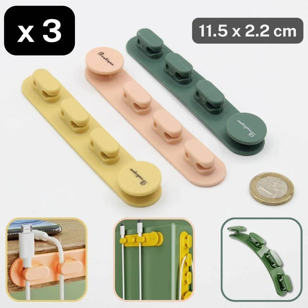 Set of 3 Cable Organisers in Plastic - Self Adhesive in Yellow Pink and Green. - ACCESSOIRES LEDUC BV