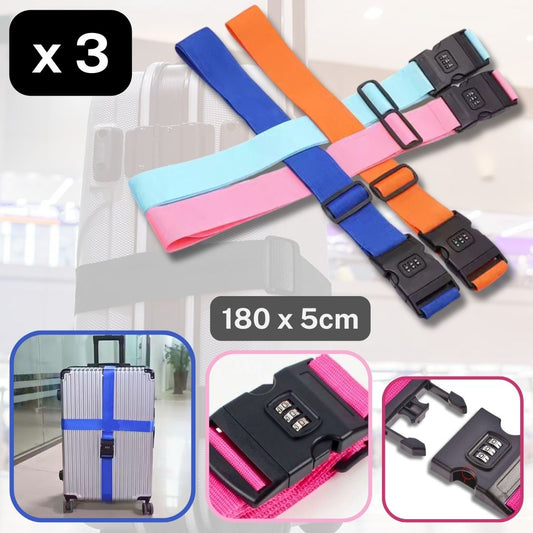 Set of 3 Suitcase Straps (Luggage Strap Cross) - Safety Strap with safety code - Random colour - ACCESSOIRES LEDUC BV