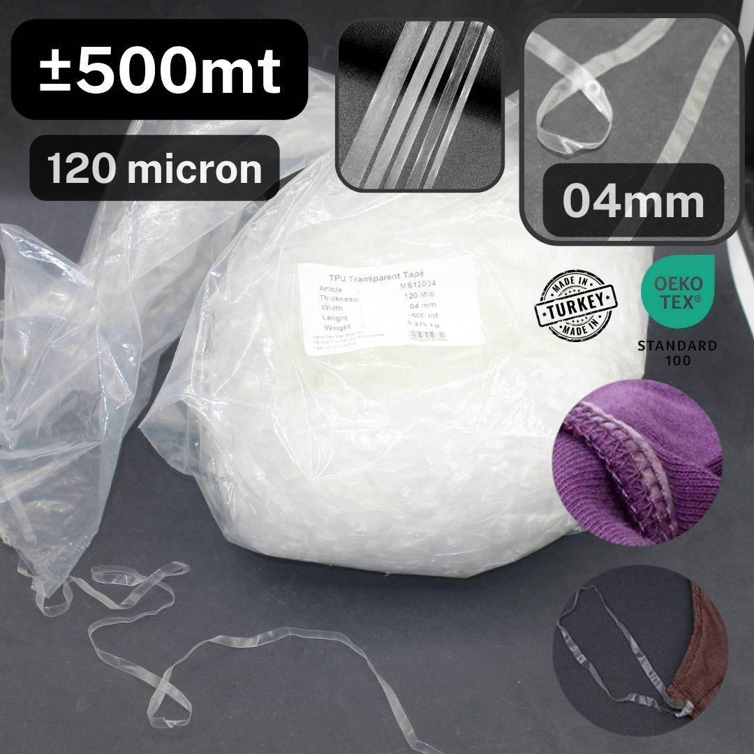 Bag of 500 meters PU elastic transparent tape - Available in 4mm 6mm or 10mm - 120 micron - ACCESSOIRES LEDUC BV