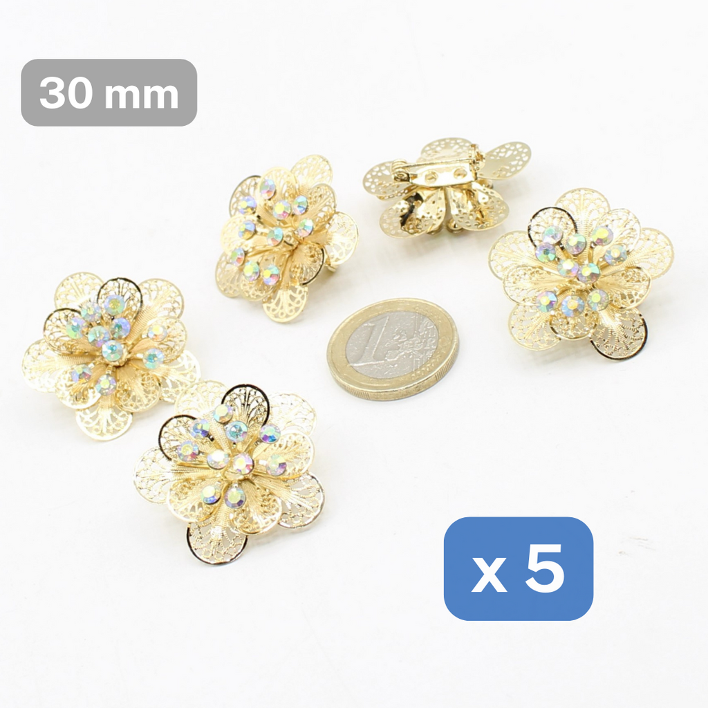 Set of 5 Gold Metalic Brooches with Safety Pin, FLOWER BROOCH 30mm-ACCESSOIRES LEDUC 