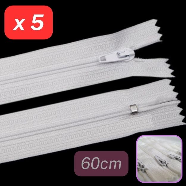 5 Nylon Zippers Closed End White 60cm Long