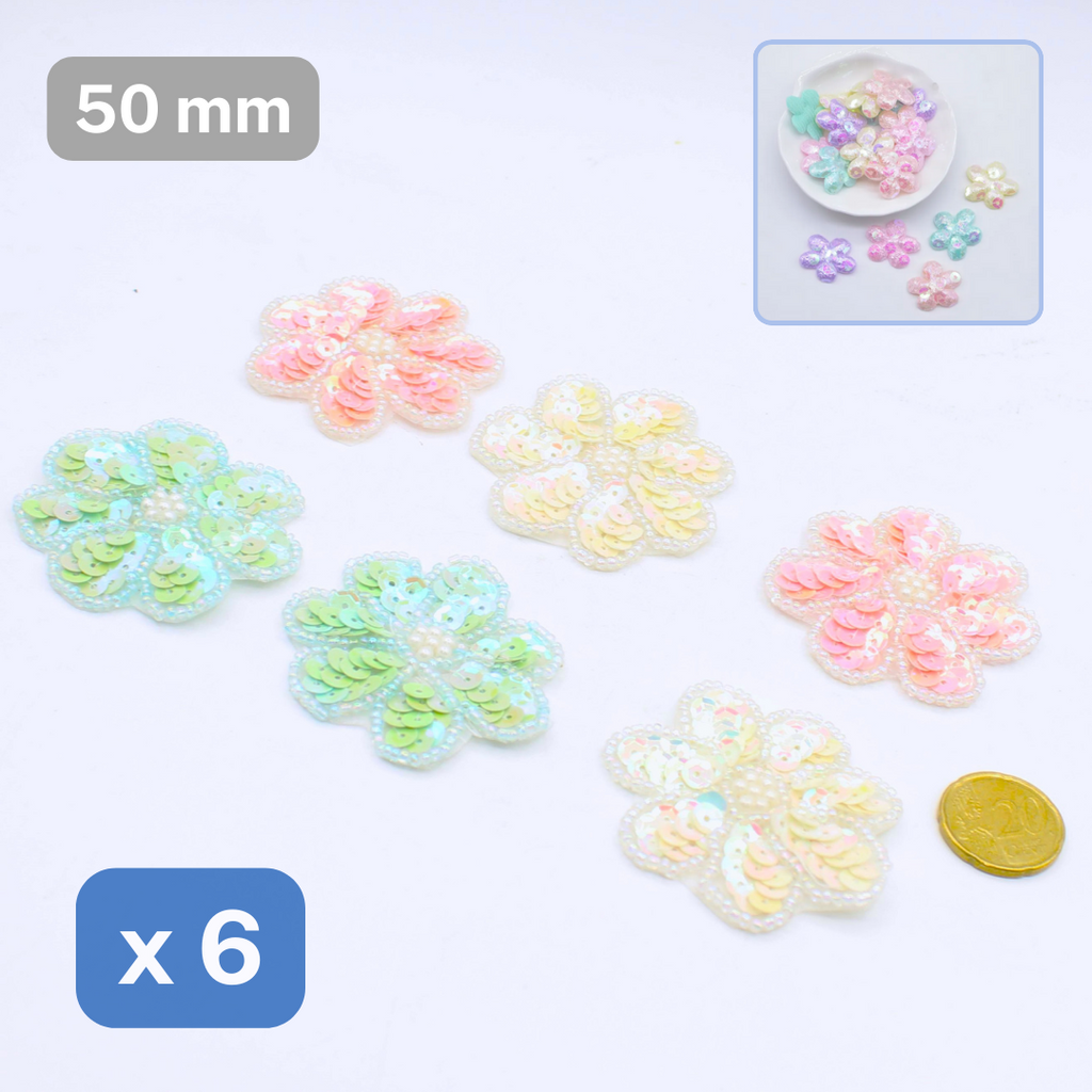 Set of 6 Glitter Flowers Iron-on Patches, customize clothes and accessories 50mm-ACCESSOIRES LEDUC