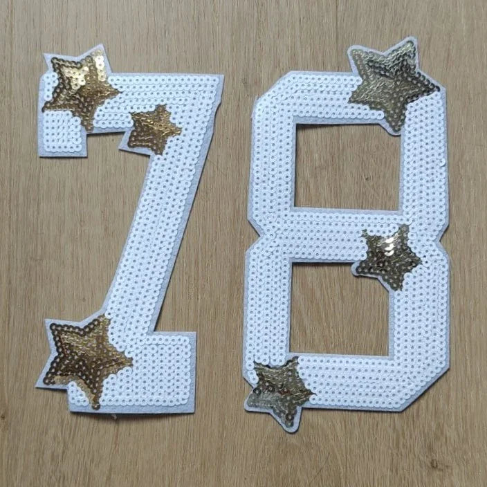 Patch thermocollant chiffres 78 blanc à sequins avec étoiles dorées, ACCESSOIRES LEDUC.