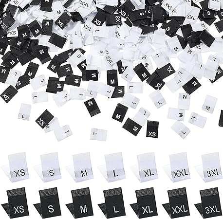 Set van 70 maatlabels gevouwen 12*16 mm, maat XS SML XL XXL 3XL, verkrijgbaar in zwart of wit