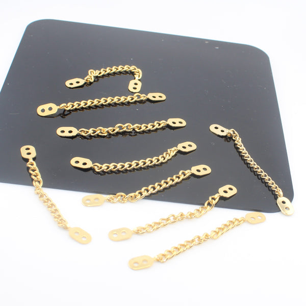 Chain hangers, 9cm, with a smooth link and oval plate ends with two holes for sewing. Suitable for all types of garments, color Gold.