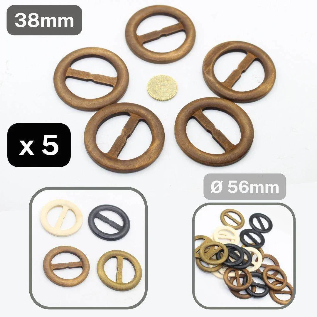 Set of 5 round 38mm Wooden Buckles (external diameter 56mm) #BWO1000 - ACCESSOIRES LEDUC BV