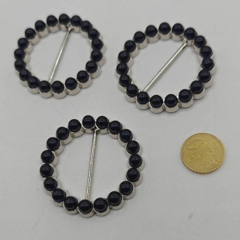 3 pieces - 50mm Silver Buckle with Black Shiny Pearls (fits Ribbon up to 35mm width) - ACCESSOIRES LEDUC BV