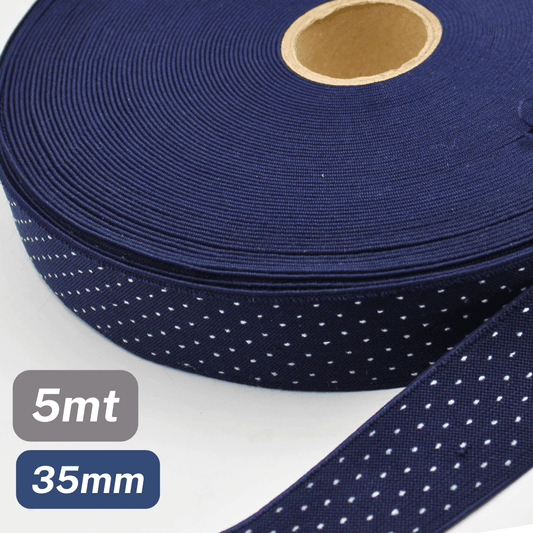 5 Meters Waistband Elastic Navy blue with White polka dots 35mm - ACCESSOIRES LEDUC BV