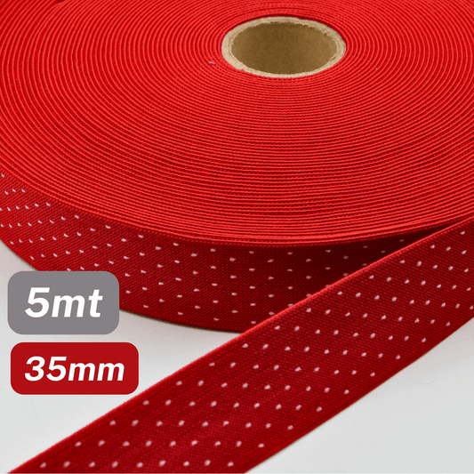 5 Meters Waistband Elastic Red with White polka dots 35mm - ACCESSOIRES LEDUC BV