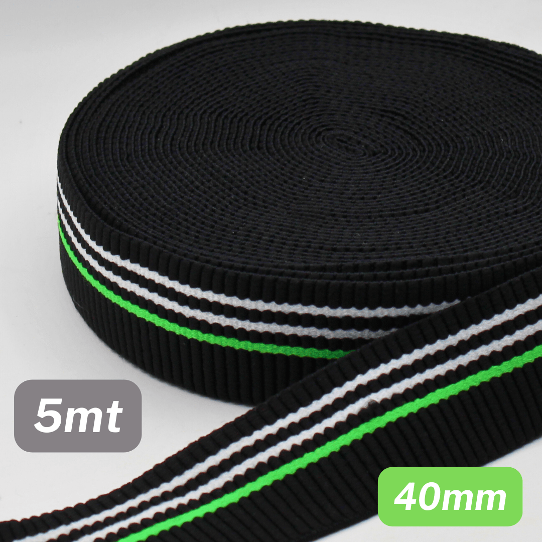 5 Meters Waistband Elastic Black striped White / Neon green 40mm - ACCESSOIRES LEDUC BV