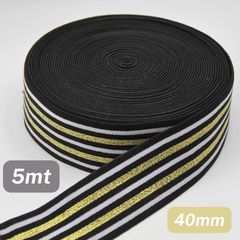 5 Meters Waistband Elastic Black striped White / Lurex Gold 40mm - ACCESSOIRES LEDUC BV