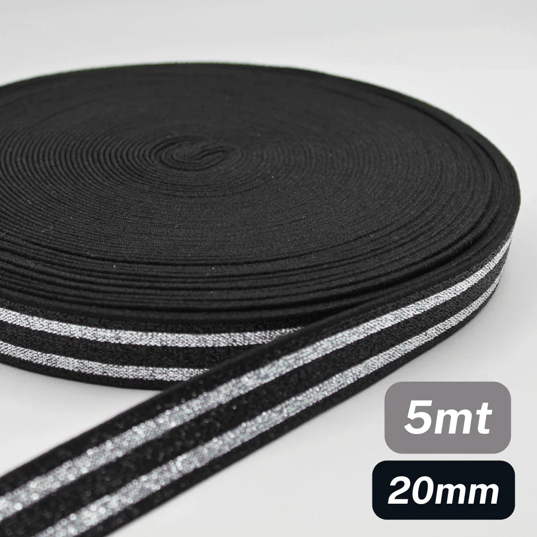 5 Meters Waistband Elastic Lurex Black / Silver 20mm - ACCESSOIRES LEDUC BV