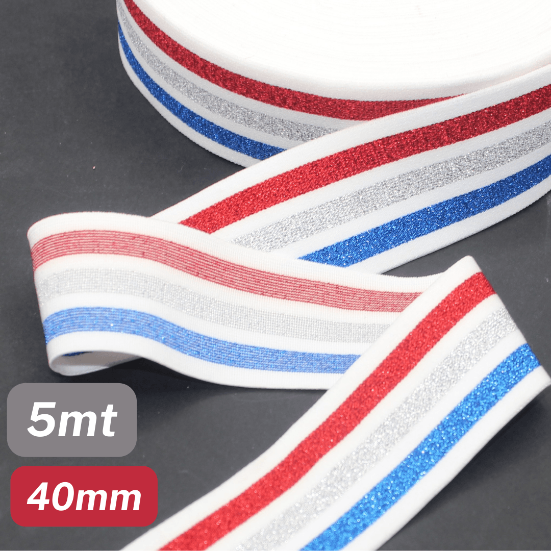 5 Meters Waistband Elastic White striped Lurex Red / Silver / Blue 40mm - ACCESSOIRES LEDUC BV