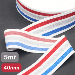 5 Meters Waistband Elastic White striped Lurex Red / Silver / Blue 40mm - ACCESSOIRES LEDUC BV