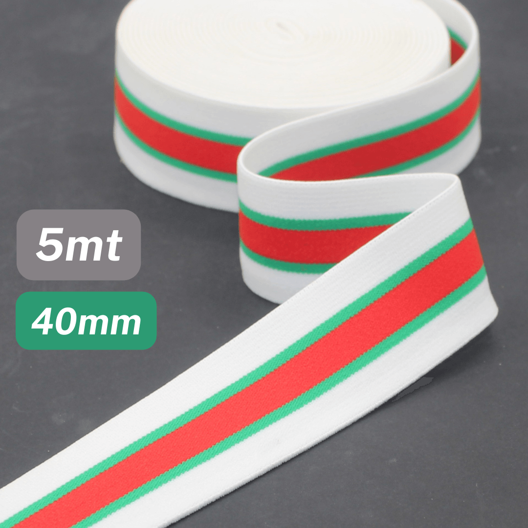 5 Meters Waistband Elastic White striped Red / Green 40mm - ACCESSOIRES LEDUC BV