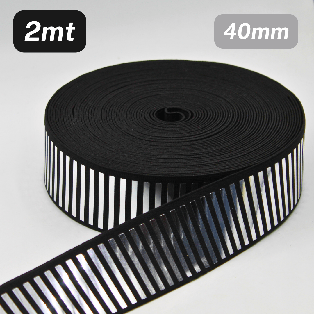 5 Meters Waistband Elastic Black striped vertical Silver 40mm - ACCESSOIRES LEDUC BV