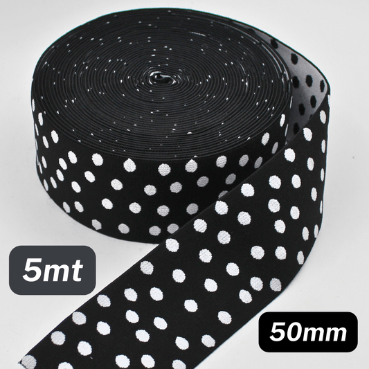 5 Meters Waistband Elastic Black with polka dots White 50mm - ACCESSOIRES LEDUC BV