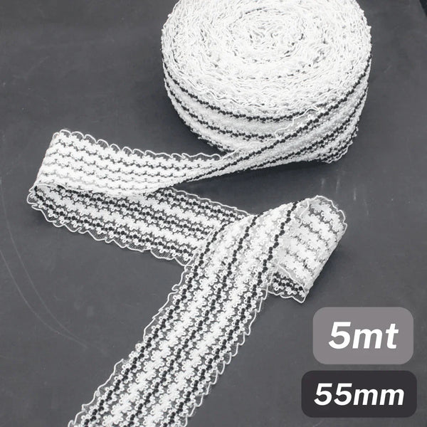 5 Meters Waistband Elastic Lace Black/White 55mm - ACCESSOIRES LEDUC BV