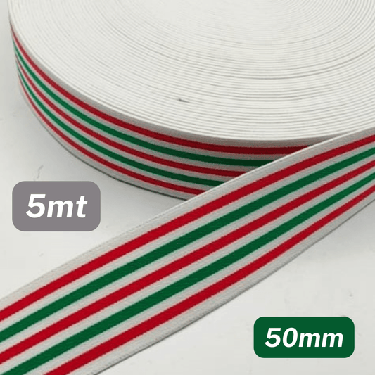 5 Meters Waistband Elastic Striped White/Red/Green 50mm - ACCESSOIRES LEDUC BV