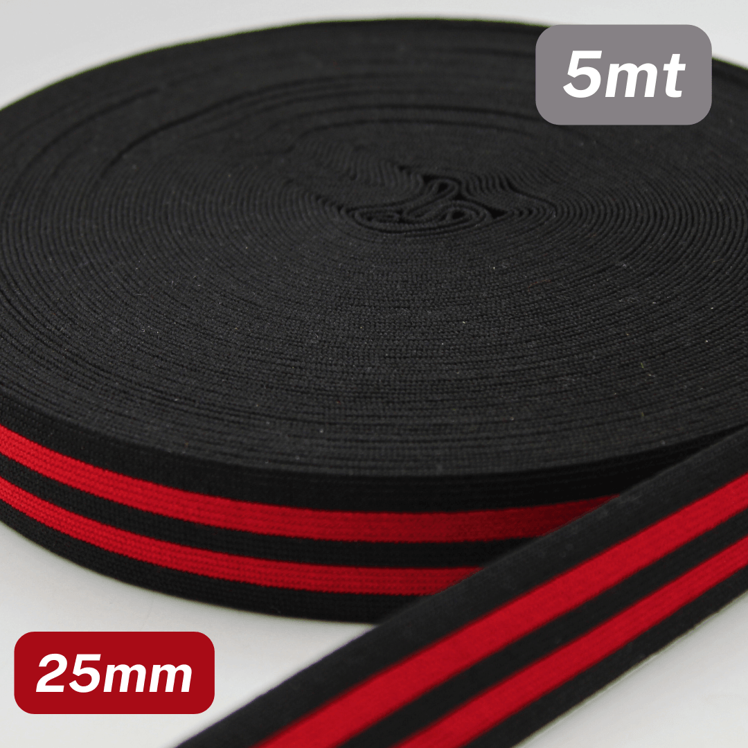 5 Meters Waistband Elastic striped Black / Red 25mm - ACCESSOIRES LEDUC BV