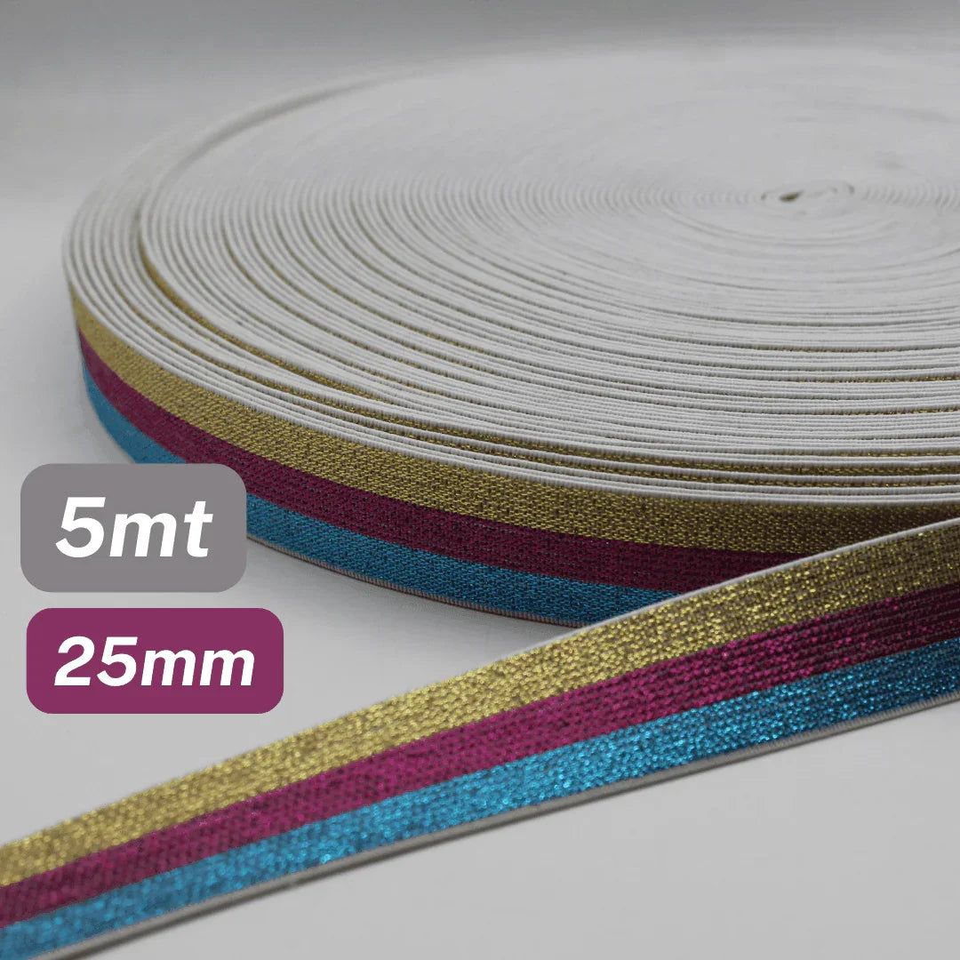 5 Meters Waistband Elastic Lurex Gold / Blue / Fuchsia 25mm - ACCESSOIRES LEDUC BV