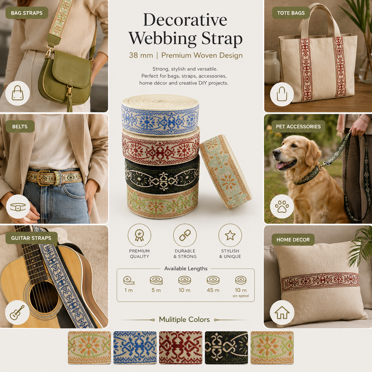 Floral Bag Strap Webbing 38 mm – Premium Jacquard Decorative Trim for Bags & Upholstery   (RUB3584)