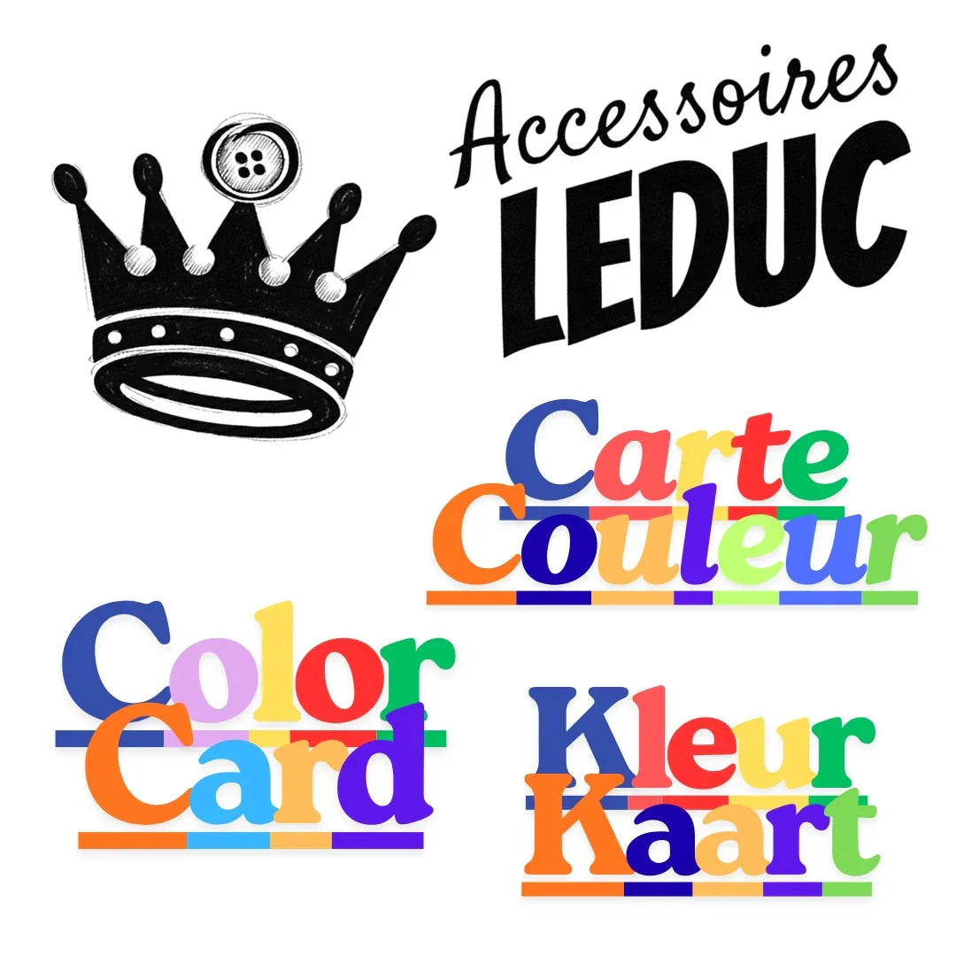 Logo Accessoires Leduc avec couronne, carte couleur, color card et kleur kaart en couleurs vives.