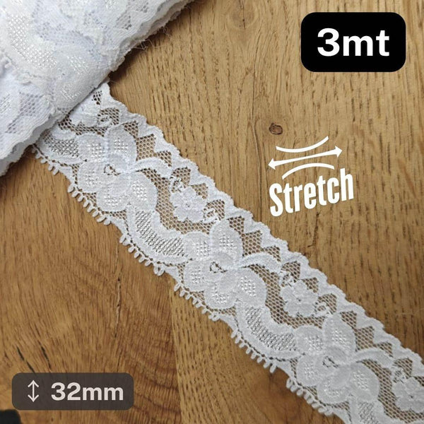 3 meters White Stretch Elastic Chantilly Lace 32mm #DEN250620T - ACCESSOIRES LEDUC BV