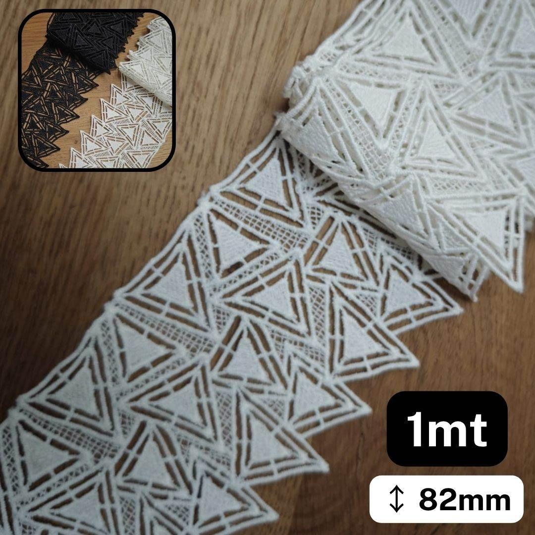 1 meters Deluxe Geometric Cotton Lace with Triangles designs 82mm available in Black or White #DEN250620i - ACCESSOIRES LEDUC BV
