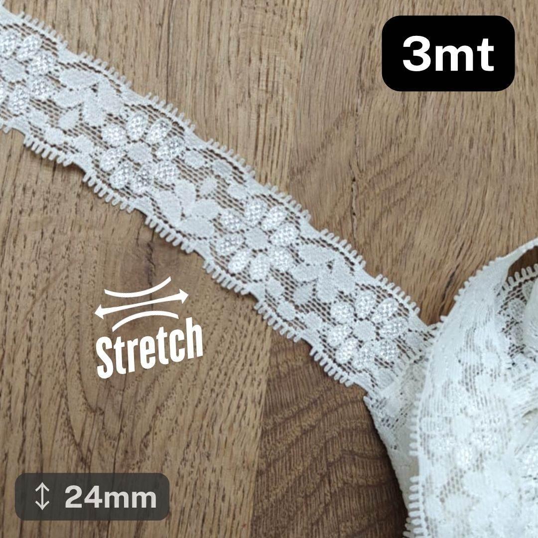 3 meters Offwhite Stretch Elastic Lace 24mm #DEN250620v - ACCESSOIRES LEDUC BV