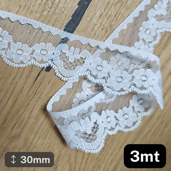 3 meters white Floral Lace 30mm #DEN250624F - ACCESSOIRES LEDUC BV