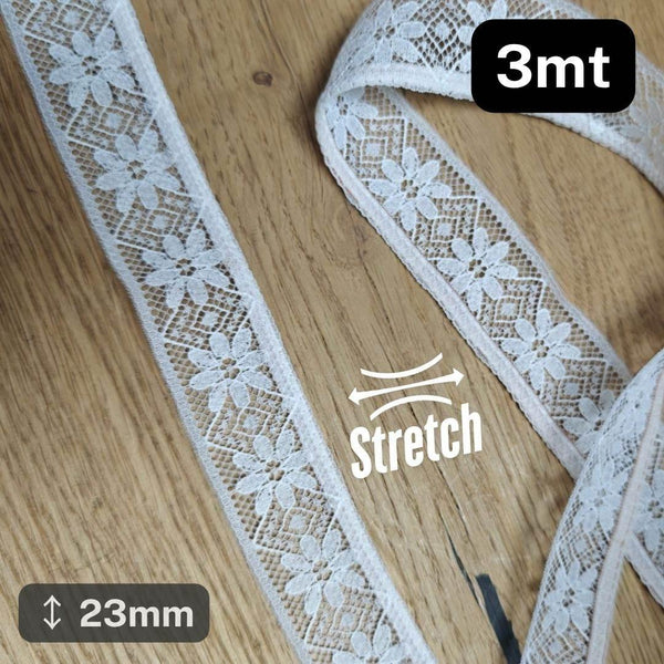3 meters White Stretch Elastic Lace 23mm #DEN250624B - ACCESSOIRES LEDUC BV