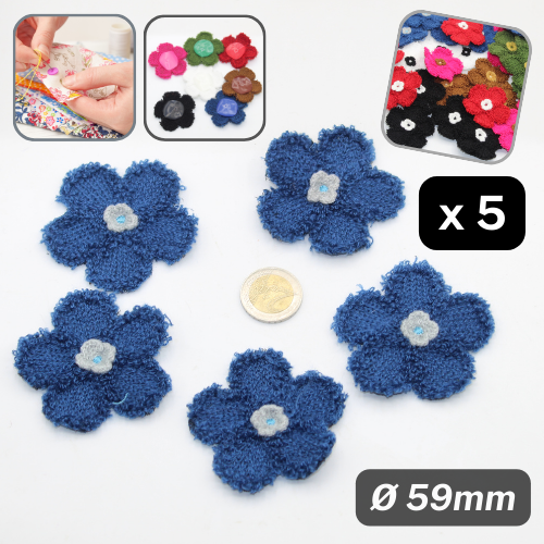 Set van 5 tweekleurige bloemenbroches van stof / corsage, opnaaibaar Ø59 mm #F1-02