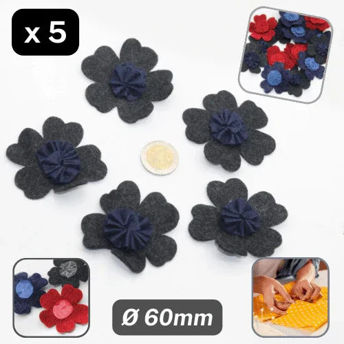 Set of 5 Felt Bicolor Flowers Sew-on Ø60mm #F1-04 - ACCESSOIRES LEDUC BV