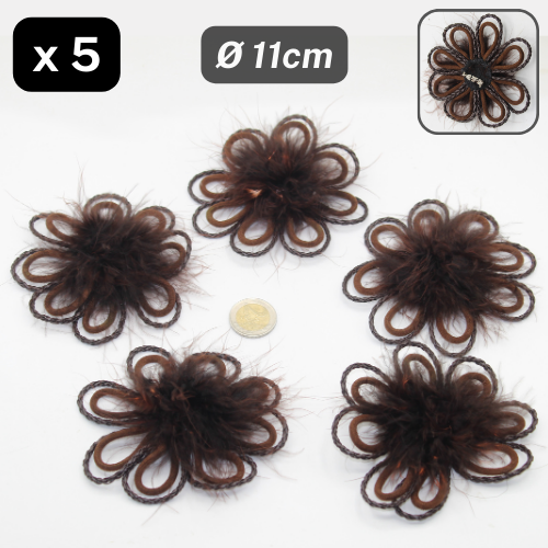 Set of 5 Floral Corsages / Brooches Ø11cm Brown with Ostrich Feathers #F1-07